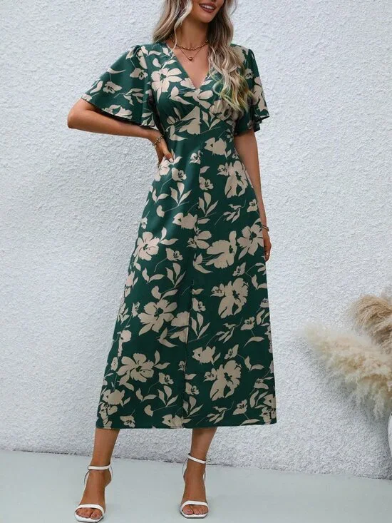 Multicolor Boho Women's V-Neck Short Sleeve Allover Print Slit Flowy Midi Dress - Picture 6 of 6